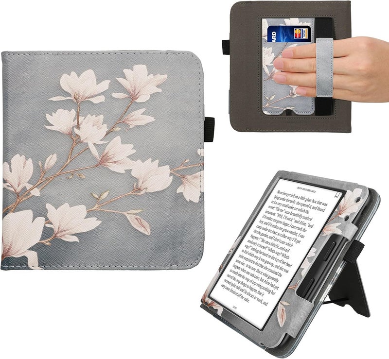 kwmobile Case Compatible with Kobo Libra Colour - Case PU Leather Cover with Magnet Closure, Stand, Strap, Card Slot - Magnolias Taupe/White/Blue Grey - Image 1